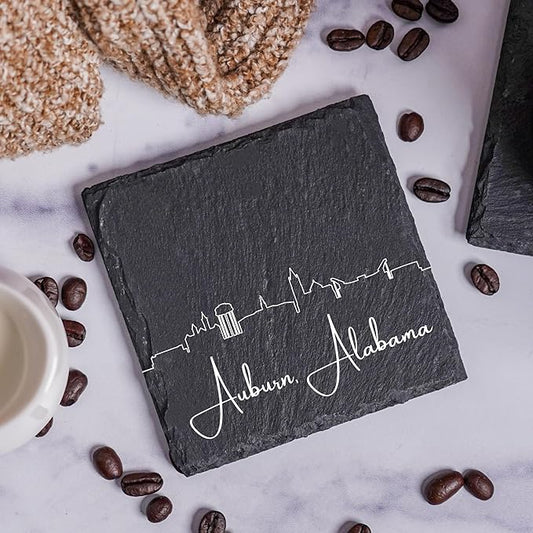 Blue Ridge Mountain Gifts - Auburn AL Skyline Coasters, Set of 4 - Auburn Alabama Souvenir, Slate Coasters with Minimal Skyline, Housewarming Gift for Friends, Family, & Neighbors