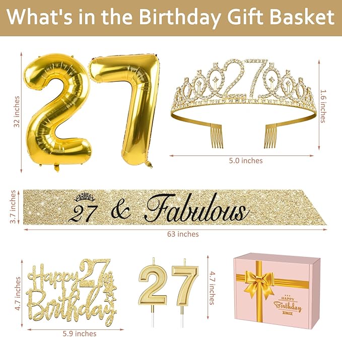 27th Birthday Decorations for Women Gold Set with 27th Birthday Tiara and Sash, Cake Topper and Candles, Number Balloons, 27 Year Old Gifts for Women