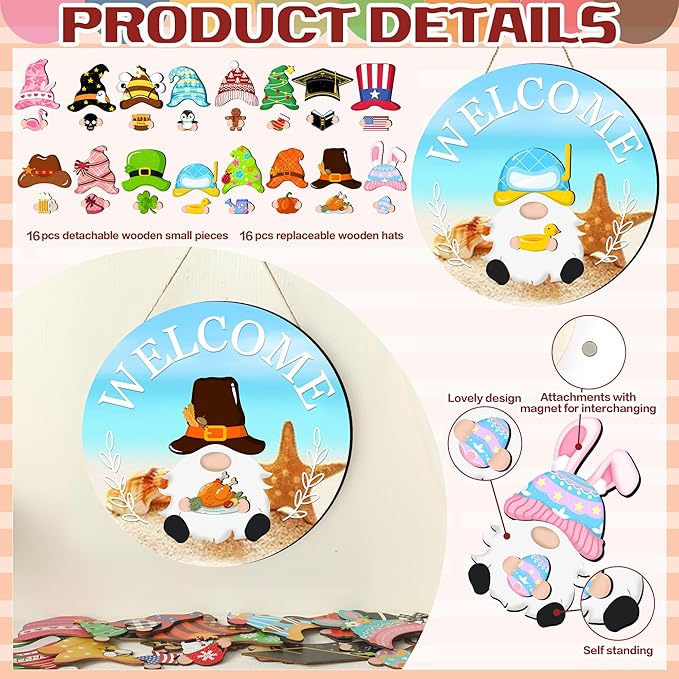 Seasonal Gnome Wall Decor Set, 11.8 inch Autumn Wooden Round Sign with Interchangeable Holiday Hats, Welcome Door Hanging (Blue-3)