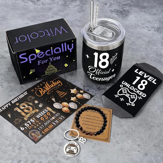 18th Birthday Gifts For Boys,18 Year Old Boy Birthday Gift Ideas with 12 Oz Tumbler, Funny Socks,Birthday Card, Bracelet, Keychain, Cool Gifts for Boys Son Grandson Nephew Friend Birthday
