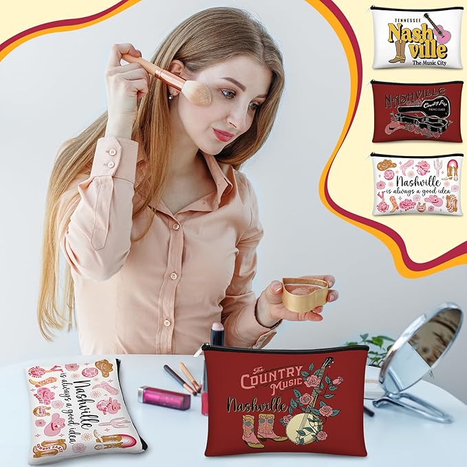 Reginary 6 Pcs City Cosmetic Bag Souvenir Gifts New York Zipper Pouch Chicago Souvenir Seattle Boston Nashville London Paris Italy Alaska Gifts Memento for Women Traveler(Nashville)