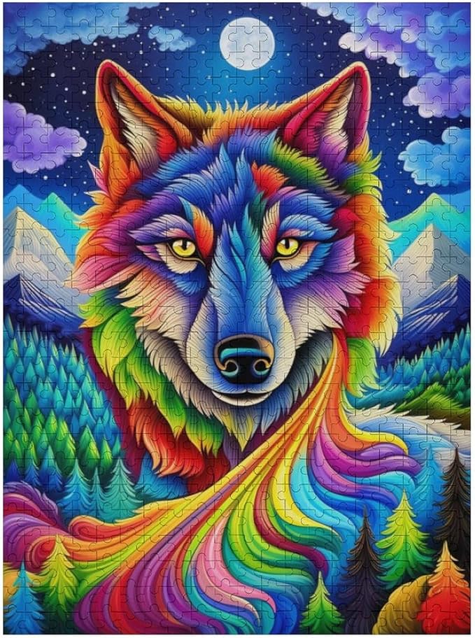 Wooden Puzzle - Colorful Wolf Jigsaw Puzzles，Wooden Puzzles for Adults 500 Pieces Challenge Puzzles，Educational Games，Family Puzzles，Unique Gifts for Wall Art,Funnny Puzzles