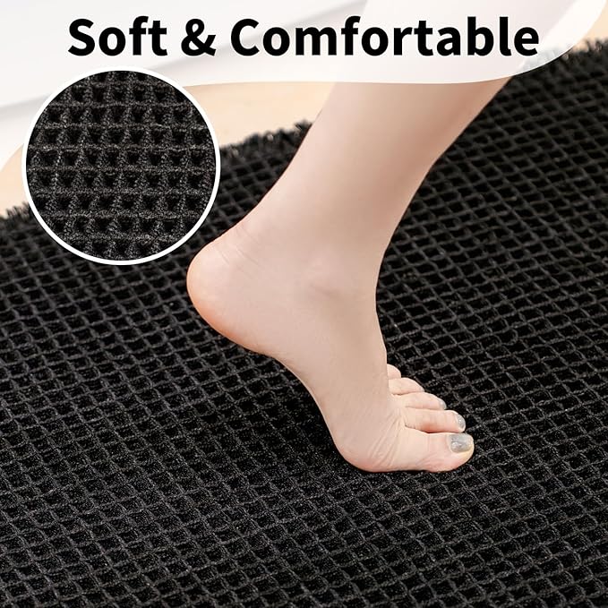 Black Bathroom Rug - Waffle Bath Mat Non Slip Washable, Super Absorbent & Quick Dry, Boho Bath Mat Farmhouse Bathroom Decor, 20'' x 32'', Black