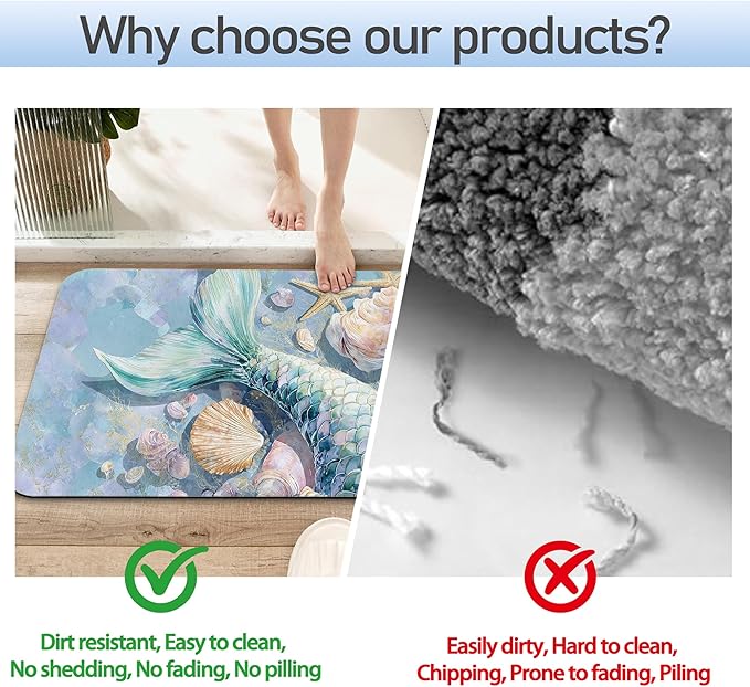 Bathroom Rug 29.5"x17",Mermaid Shell Bath Mat with Non-Slip Rubber Backing, Quick-Drying Absorbent Thin Floor Mat for Bathroom, Shower, Sink, or Kitchen
