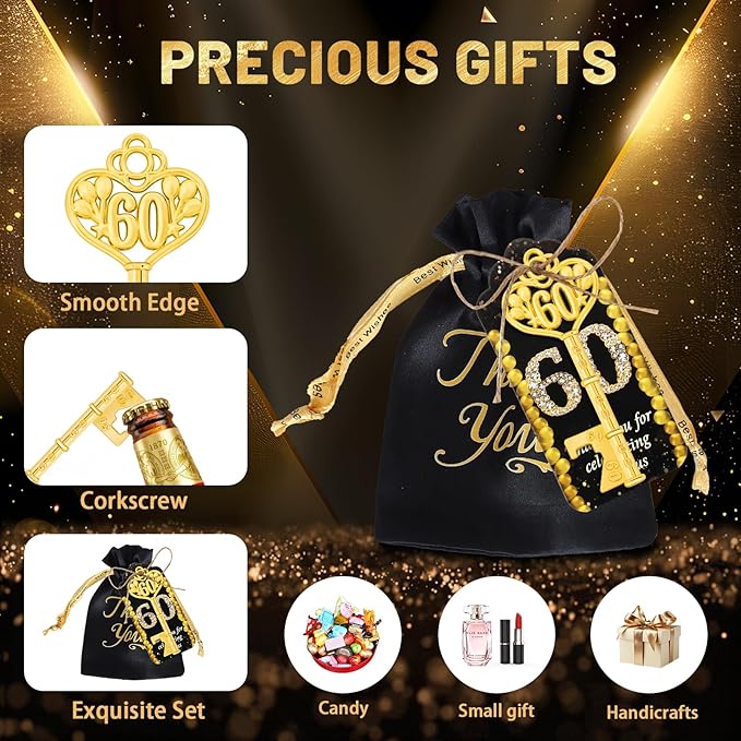 50Pcs 60th Gold Key Bottle Opener - 60th Birthday Party Favors, Anniversary Souvenirs With Thank You Cards