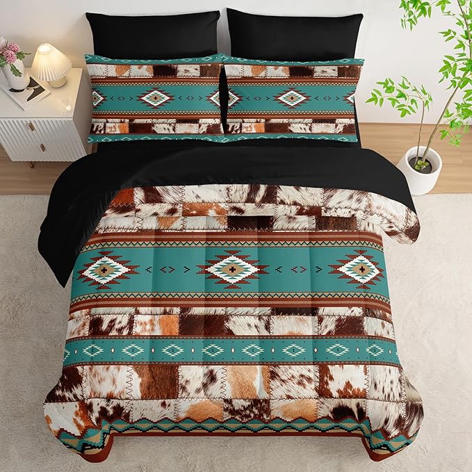 AILONEN Ethnic Cowhide Pattern Comforter Set Full,7-Piece Soft Bed in a Bag,Western Cow Fur Comforter & Fitted Sheet & Flat Sheet & 2 Pillowcases,2 Pillow Shams for Bedroom