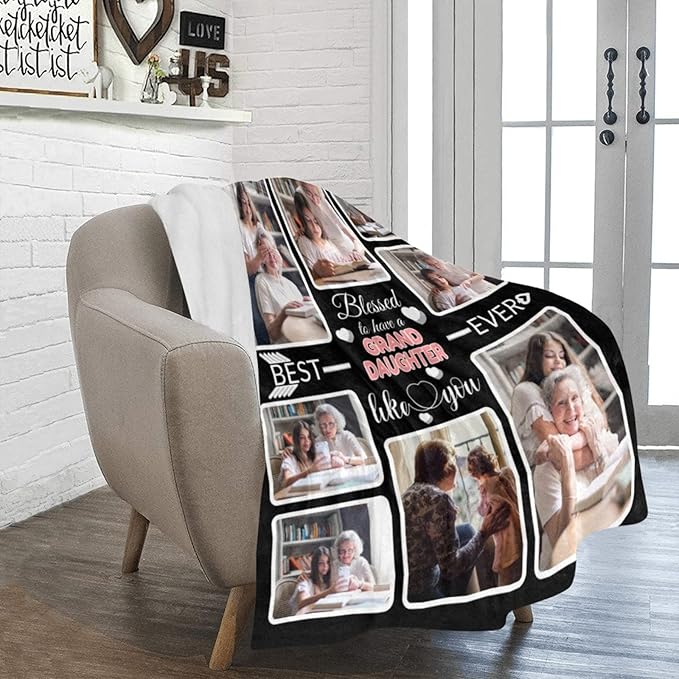 Custom Blanket Gifts for Granddaughter, Customized Blankets with Photos, Make a Personalized Bed Throws, Custom Souvenir Throw Blanket for Best Granddaughter Ever, 8 Collages Made in USA