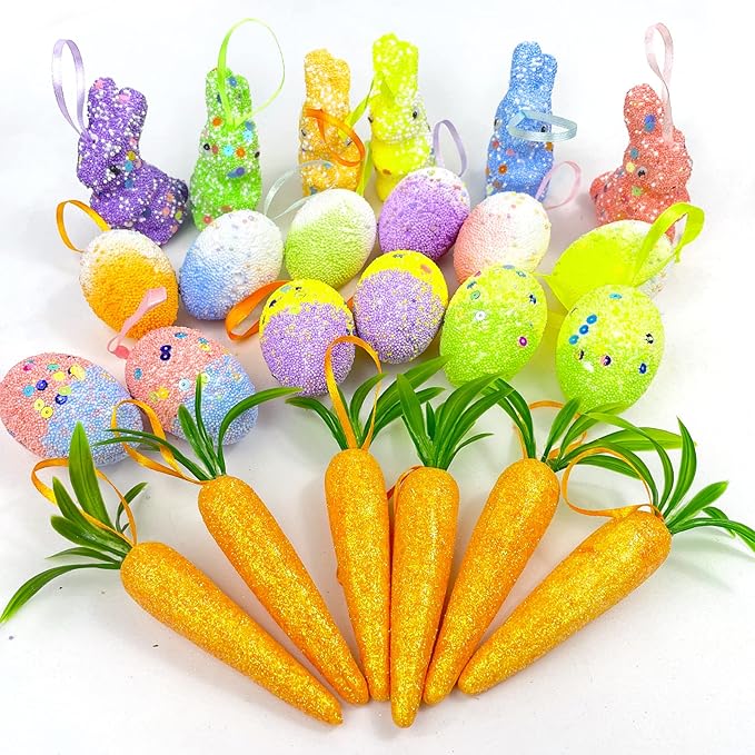 24 Pack Easter Egg Ornament Easter Colorful Rabbit Carrot Eggs Foam Easter Tree Decoration for Easter Spring Party