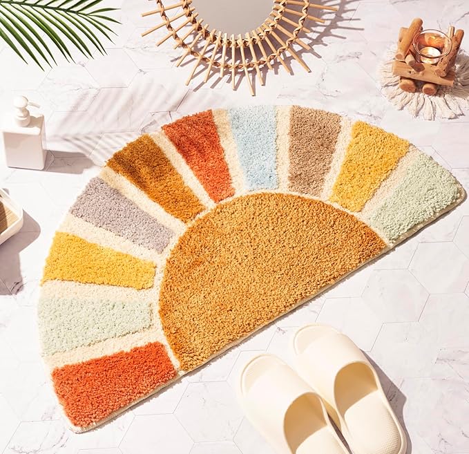 Sunrise Boho Bathroom Rugs,Half Circle Bath Mat Cute,Sun Bath Mats,Retro Bohemian Home Bathroom Decor,Small Colorful Fun Semi Round Shower Rug Non-Slip,Funny Washable Rug Bedroom 31"x16"