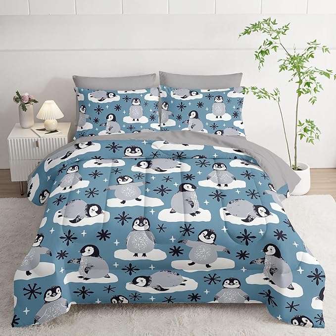 7Pcs Comforter Set Cartoon Penguin Black Snowflakes Printed Bedding Set with 1 Comforter,1 Flat Sheet,1 Fitted Sheet and 4 Pillowcases for Boys and Girls Bedroom All Season(Twin)