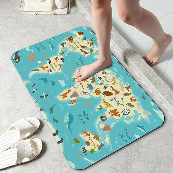 World Map with Animals AST Drying Absorbent Bathroom Mat, Non-Slip Rubber Backing Thin Low-Profile Bath Rug, Easy-Clean Bathroom Floor Mat for Shower, Bathtub, Kitchen, or Entryway