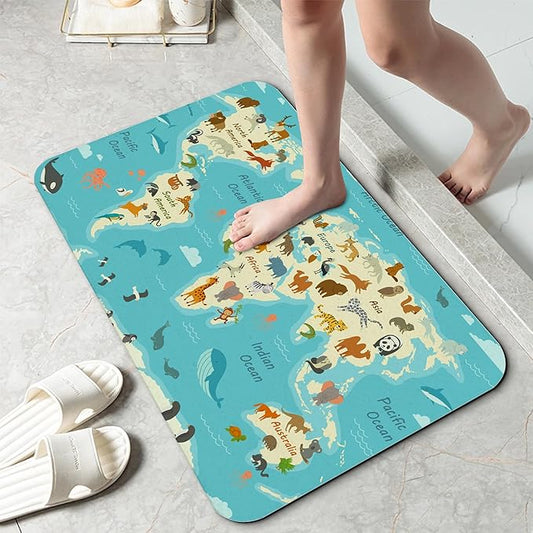 World Map with Animals AST Drying Absorbent Bathroom Mat, Non-Slip Rubber Backing Thin Low-Profile Bath Rug, Easy-Clean Bathroom Floor Mat for Shower, Bathtub, Kitchen, or Entryway