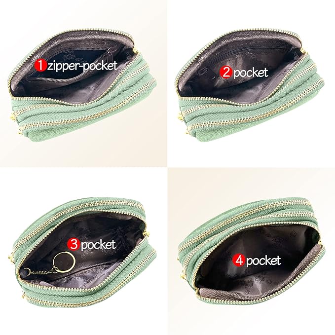LINNO 3 Zippered Genuine Leather Coin Purse Triple Capacity Change Pouch Little Travel Wallet With Key Ring for Women