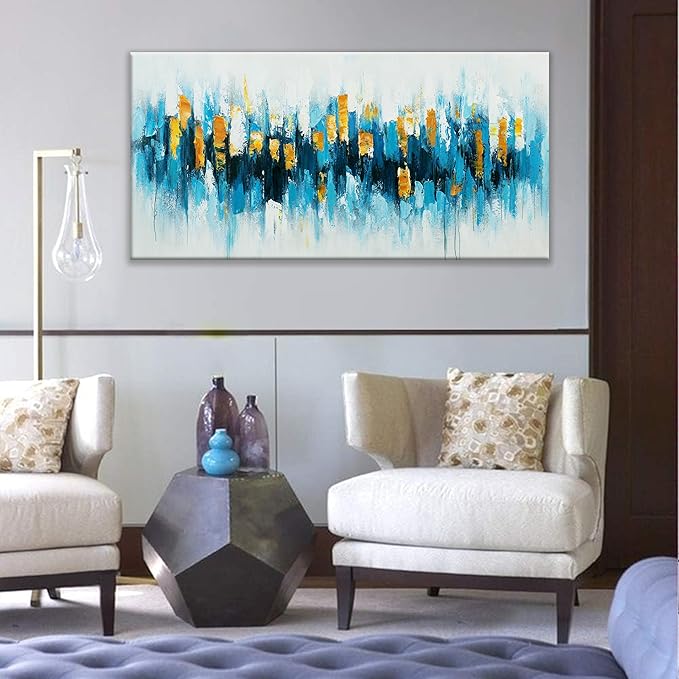 Suconvng Blue Abstract Wall Art Living Room Abstract Painting Wall Decor Modern 24"X 48" Canvas Art Wall Decor Blue Gold Wall Art Canvas Prints Artwork Pictures For Bedroom Kitchen Artwork