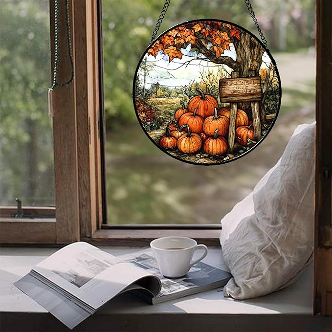 Stained Glass Window Hanging Fall Farm Scenery Maple Trees Pumpkin Large 15" - Suncatcher Door Garden Kitchen Sun Catcher Autumn Decor Birthday for Mom Nana Men Woman Friend