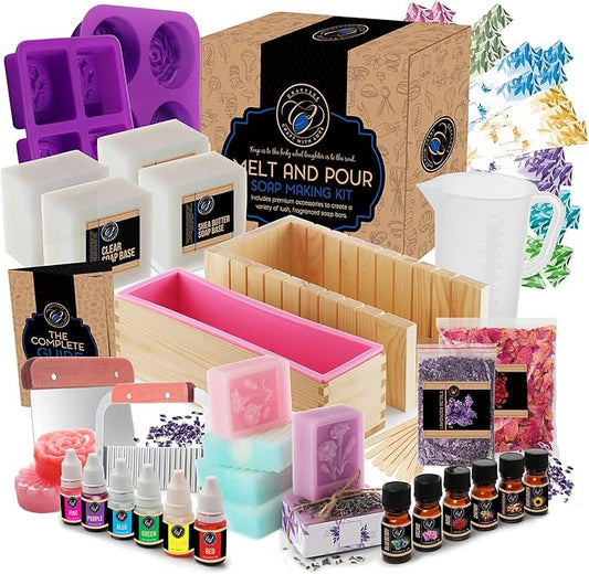 CraftZee Large 𝗣𝗥𝗘𝗠𝗜𝗨𝗠 Deluxe Soap Making Kit - All-in-One Soap Making Supplies with Soap Base, Soap Cutter Box, Silicone Loaf Molds, Fragrances & More - Homemade Melt & Pour DIY Craft Kits