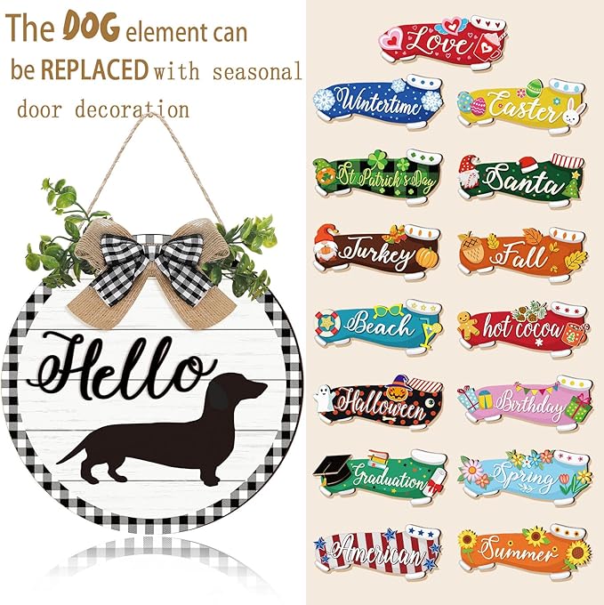 Glenmal 16 Pcs Seasonal Dachshund Door Decor for All Season and Holiday Hanging Cute Christmas Dachshund Welcome Sign Rustic Wooden Farmhouse Front Door Signs Outdoor(White with Plaid Frame)
