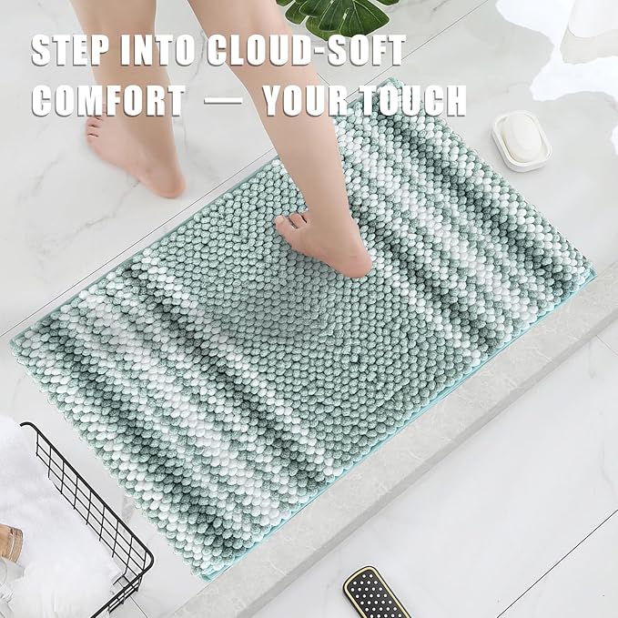 HDFK Bath Mat & Bathroom Rugs, Soft Looped Popcorn Chenille Non-Slip Shower Rug, Super Absorbent & Odorless Hot Melt Adhesive Striped Carpet for Bathtub Floors (24x17 Inch, Light Turquoise Blue Green)