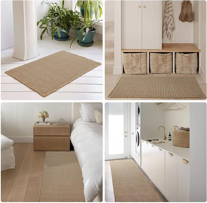 Waffle Runner Rug Bathroom, Long Boho Bathroom Rugs Non Slip Washable Super Absorbent Quick Dry Farmhouse Bath Decor, 60"x24" / 5'x2' Khaki