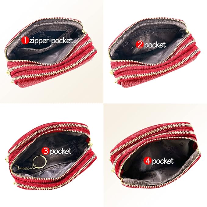 LINNO 3 Zippered Genuine Leather Coin Purse Triple Capacity Change Pouch Little Travel Wallet With Key Ring for Women