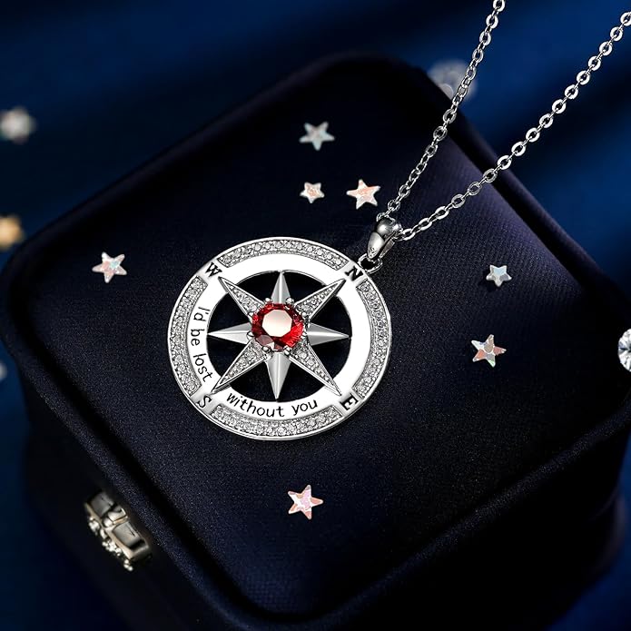 S925 Necklace Birthstone Compass Gift for Women Jewelry Sterling Silver Necklace for Wife Wedding Anniversary Girlfriend Birthday Gifts for Her Valentines Day Mom Mothers Day