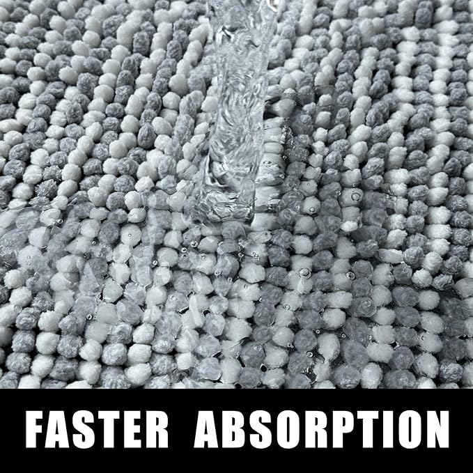 HDFK Bath Mat & Bathroom Rug - Slim Chenille Shower Carpet, Ultra Soft Non-Slip with Odorless Hot Melt Base, Machine Washable Medium-Height Striped Design for Bathtub Floor (36x24 Inch, Gray & White)