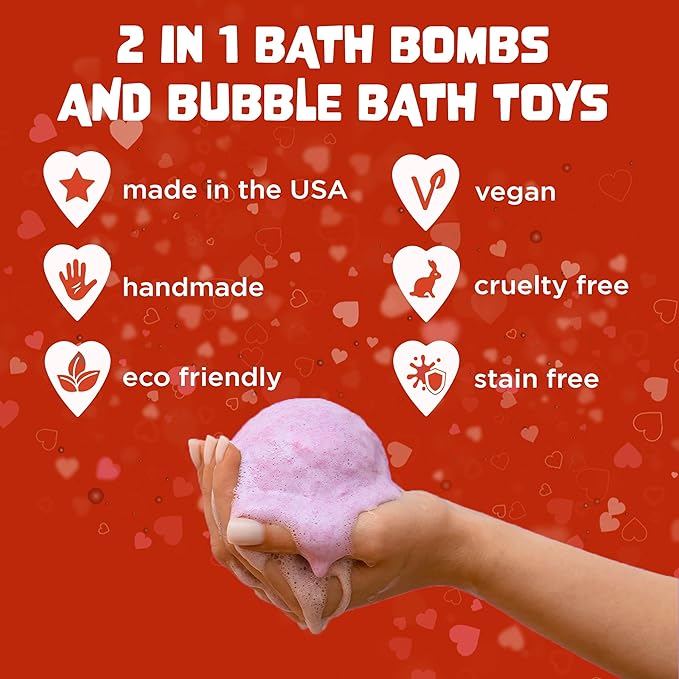 Valentines Bath Bombs for Kids with Surprise Heart Toys Inside (6 Pack) - Bubble Bath, USA Made, Kids Safe Ingredients, Fruity Scents, Gifts for Kids & Women by Two Sisters
