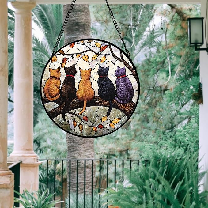 Stained Glass Window Hanging - 5 Cats on a Branch Suncatcher for Window Doors Home Decoration and Christmas, Mother's Day Father's Day Birthday Gifts for Women, Men, and Mom 11.8x11.8 in