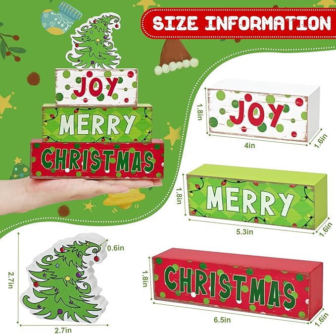 Yinhua Christmas Decorations Indoor, Christmas Table Decor, Funny Xmas Tree Decorations, Farmhouse Wooden Block Sign, Table Top Decors, Xmas Mantel Decor for Tiered Tray, Desk, Bookshelf