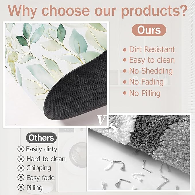 Eucalyptus Leaves Bathroom Rugs,Bath Mats for Bathroom,Sage Green Leaf Low Pile Absorbent Bath Mat,Rubber Backing Non Slip Washable Thin Quick Dry Door Mat 17x29.5 Inch