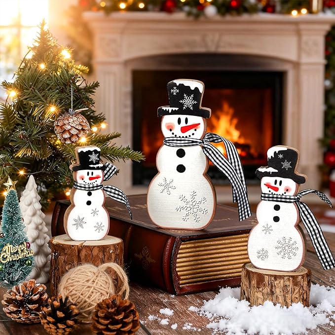 3 Pcs Christmas Snowman Table Decor Wooden Snowman Tables Centerpieces Block Winter Wood Tabletop Sign Rustic Merry Xmas Decorations Indoor for Tiered Tray Office Desk Shelf Home Mantel Holiday Party