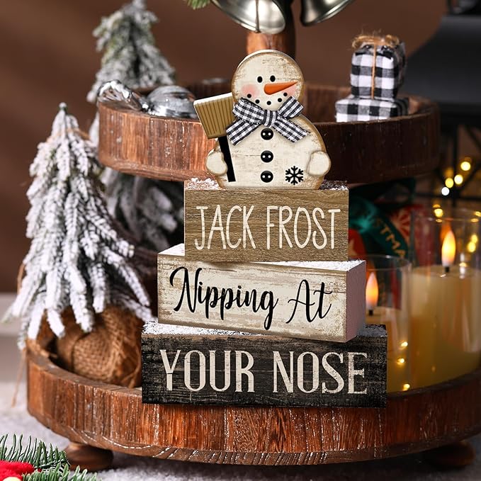 4 Pcs Winter Table Decor Wooden Snowman Black and White Winter Tiered Tray Decor Rustic Decorative Snowman Block Sign Gifts Christmas Centerpiece Rustic Christmas Decorations for Home Kitchen