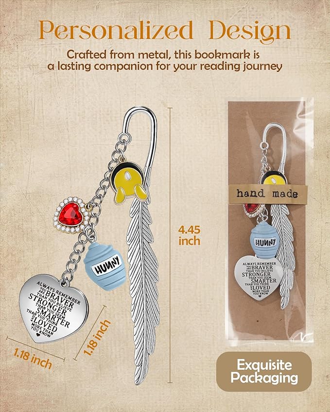 Buleens Bookmarks for Women Reading - Book Marks for Readers Book Lovers, Feather Motivational Quote Bear Personalized Metal Bookmark with Pendants, Pretty and Aesthetic Book Accessories Reading Gifts