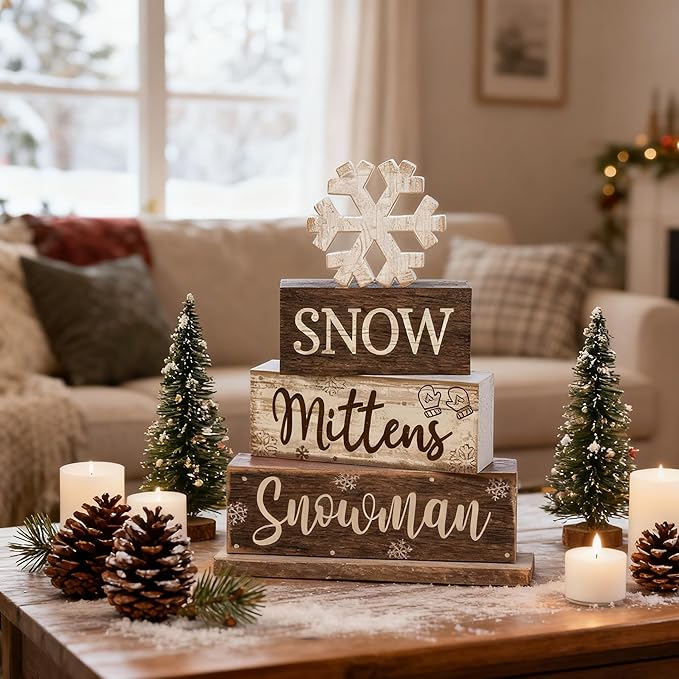 4 Pcs Winter Table Decorations Wooden Snowflake Decor Christmas Tiered Tray Decor Rustic Decorative Snowflake Block Sign Gift Winter Table Centerpiece for Wonderland Party Home Kitchen