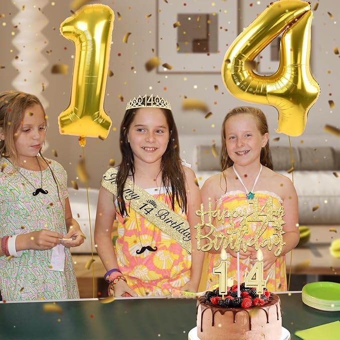 14th Birthday Decorations for Girls Gold with 14th Birthday Sash and Tiara, Candles and Cake Toppers, Number Balloon, 14 Year Old Gifts for Girls