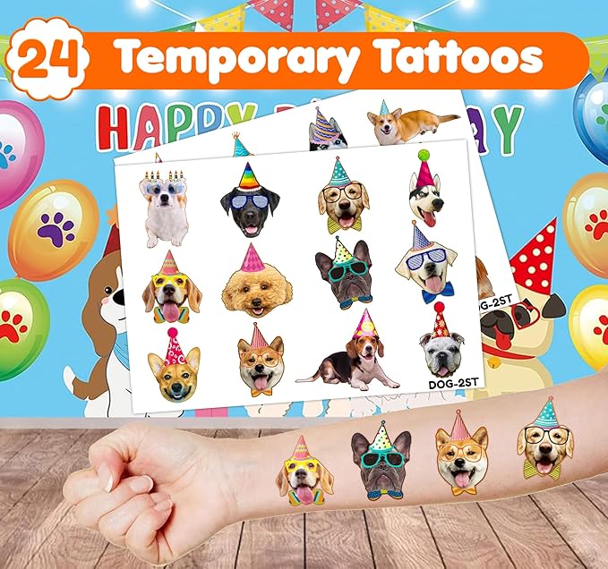 36PCS Dog Party Favors - 24PCS Temporary Tattoos & 12PCS Stamps - Ideal Pet Lover Themed Birthday Card Decorations Supplies Goodie Bag Cute Rewards for Boys Girls Classroom Gifts Baby Shower