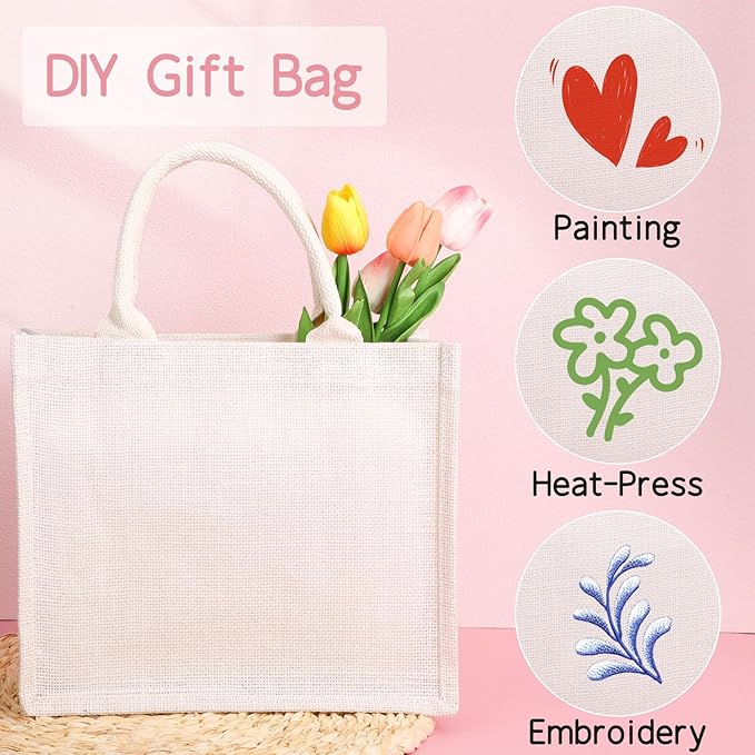 Segarty Tote Bags, 12 Pack Small White Burlap Jute Reusable Canvas Gift Favors Bag with Handles Blank Tote Bulk for Bridesmaid Wedding, Women Market Grocery Shopping, Bachelorette Party, Beach Trip