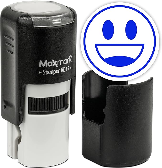 MaxMark Round Self Inking Emoji Stamp - Smiling - Blue Ink