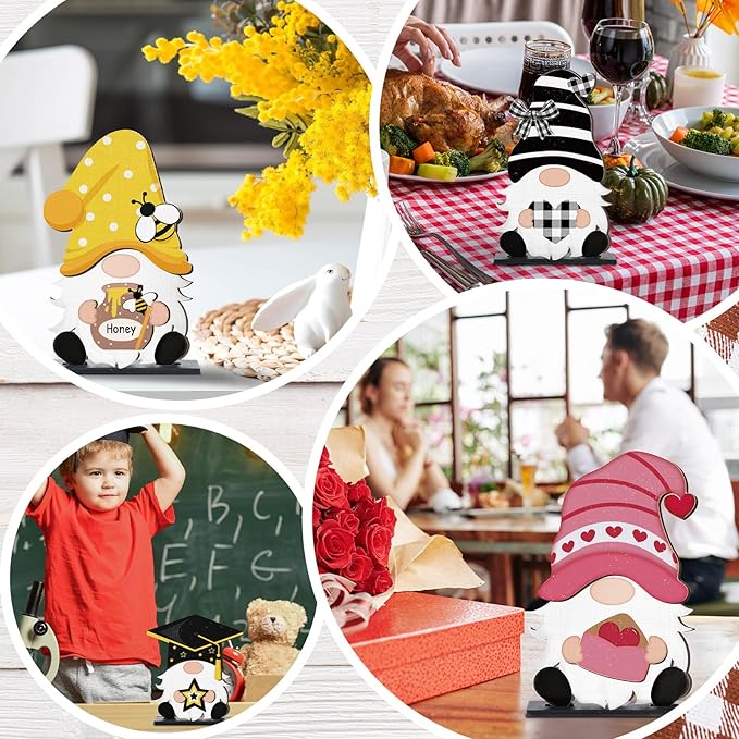 Blulu 32 Pcs Christmas Interchangeable Wooden Gnome Decor DIY Holiday Christmas Seasonal Tiered Tray Decoration Gnomes with Magnet Pieces Welcome Sign for Xmas Holiday Decorations (Cute)