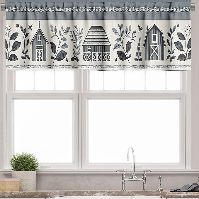Ambesonne Farmhouse Valance & Tier Curtain 3 pcs Set, Classic Folk Style Barn Flowers Leaves and Roosters in Muted Colors, Window Treatments for Kitchen Room Decor, 55" x 24", Blue Grey and Off White