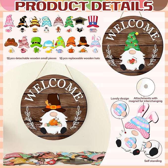 Seasonal Gnome Wall Decor Set, 11.8 inch Autumn Wooden Round Sign with Interchangeable Holiday Hats, Halloween Welcome Door Hanging (Brown-3)