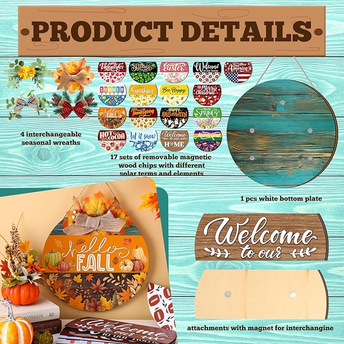 Vicenpal 22 Pcs Interchangeable Welcome Sign for Front Door with 17 Magnetic Icon Wooden Seasonal Front Porch Door Decor with 4 Seasonal Wreaths for Holiday Halloween Christmas Gift (Blue,Rustic)