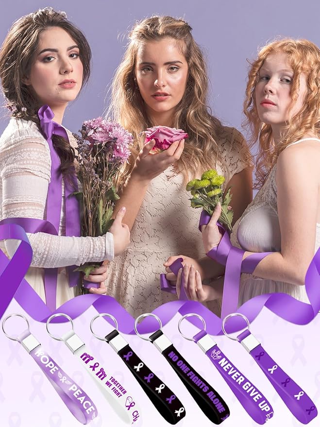 36pcs Purple Ribbon Awareness Silicone Keychains Inspirational Motivational Rubber Keychains for Lupus Domestic Violence Epilepsy Pancreatic Cancer Alzheimers Awareness Party Supplies