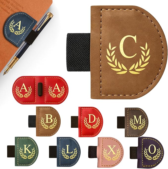 Personalized Leather Magnetic Bookmark with Pen Holder, Custom Bygone Mark Bookmark with Pen Holder, Custom Bookmarks with 26 Letters for Reading Women, Men, Teachers, Book Lovers（Brown，C）