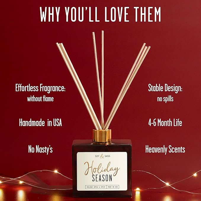 Holiday Diffuser, Holiday Reed Diffusers for Home Christmas Décor - w/Apple & Spice I Infused w/Essential Oils I 3.75 OZ Oil I Long-Lasting Scent Lasts 4-6 Month's I Made in The USA