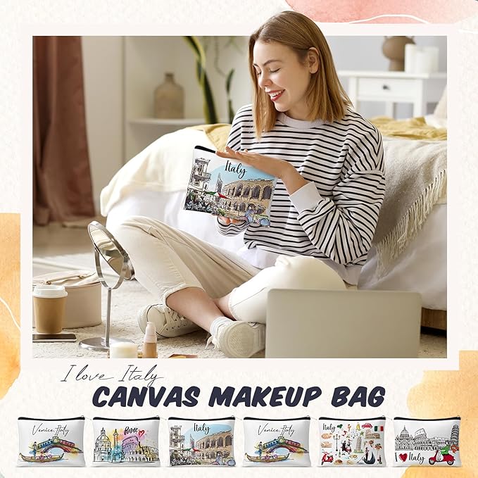 Reginary 6 Pcs City Cosmetic Bag Souvenir Gifts New York Zipper Pouch Chicago Souvenir Seattle Boston Nashville London Paris Italy Alaska Gifts Memento for Women Traveler(Italy)