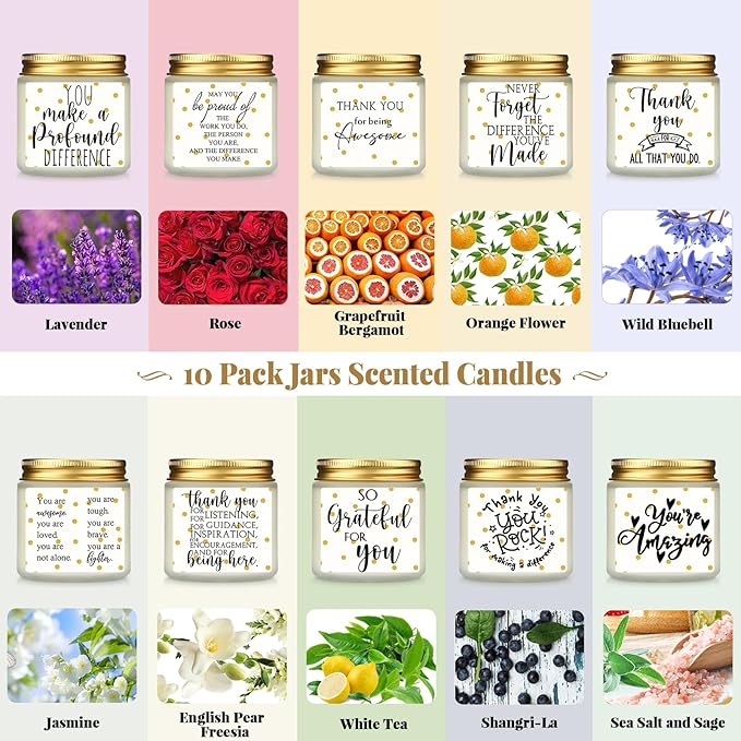 Roowest 10 Jars Thank You Gift Candles 3.5 oz Valentines Employee Appreciation Gifts Bulk Soy Wax Jar Inspirational Candle Thank You Coworkers Employee Women Secretaries Teacher(White,Simple,Delicate)