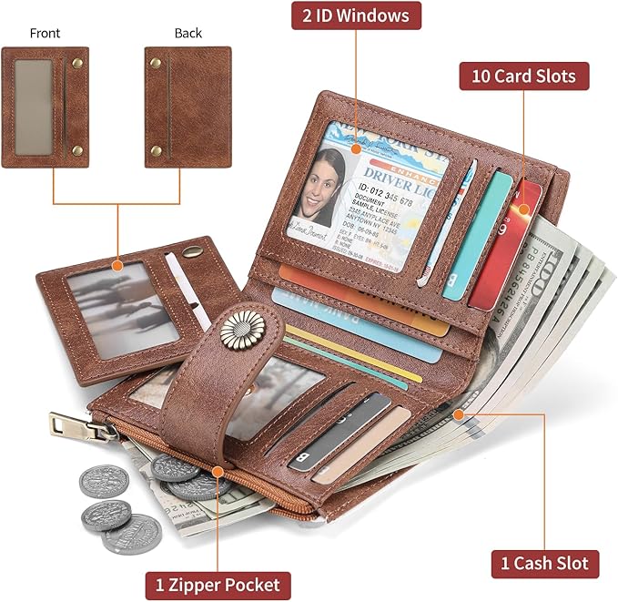 SENDEFN Small Wallets for Women Leather RFID Blocking Bifold Zipper Pocket Wallet with ID Window