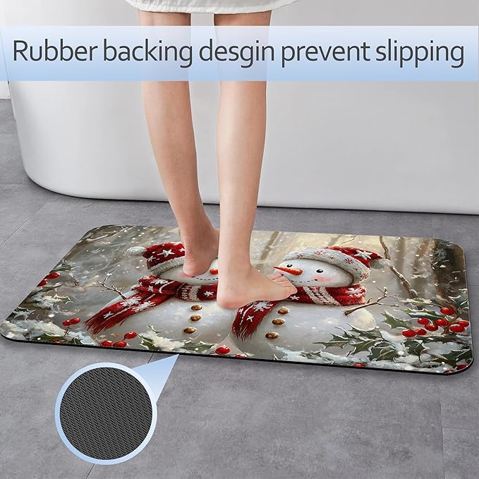 Christmas Snowman Bath Mat 29.5"x17",Slim Low-Profile Fast Drying Super Absorbent Bathroom Rug with Non-Slip Backing, Easy-Clean Modern Floor Mat for Tub, Shower, or Entryway