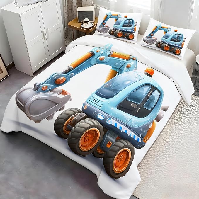 Cartoon Excavator Bedding Set King Size Blue Construction Vehicle Duvet Cover Trucks Tractors Comforter Cover Cute Children's Comforter Set with Pillowcases for Bedroom